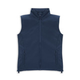 A navy blue women's vest featuring a high collar and side pockets. The design includes a front zip and has a logo.
