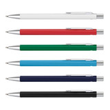 A collection of metal pens in white, red, green, light blue, navy, and black, each featuring a silver clip and tip.