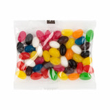 A cello bag filled with assorted mini jelly beans in vibrant colors, including red, yellow, green, black, and white. A cello bag filled with assorted mini jelly beans in vibrant colors, including red, yellow, green, black, and white.