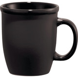 A black ceramic mug with a smooth finish and a sturdy handle, designed for coffee or tea.