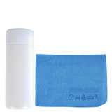 A drink bottle with a white cap next to a blue chamois cloth embossed with the Supa Cham logo. A drink bottle with a white cap next to a blue chamois cloth embossed with the Supa Cham logo.