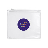 A clear pencil case with a circular logo in purple, featuring colourful text for "Puddle Winkle Daycare."