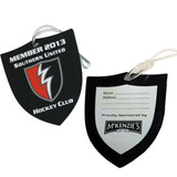 Custom-shaped PVC luggage tag in black and red, featuring a logo and space for personal information on the back. Custom-shaped PVC luggage tag in black and red, featuring a logo and space for personal information on the back.
