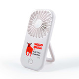 A portable white fan with a stand, featuring a logo and a red design. Ideal for outdoor leisure use.