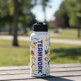 A drink bottle featuring a white body with colourful abstract designs and a black lid. It has a logo.