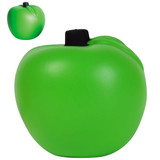 A green apple-shaped stress reliever with a black stem, featuring a smooth, matte finish.