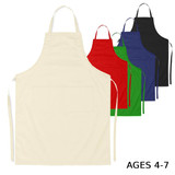 A collection of junior cotton aprons in cream, red, green, blue, and black, suitable for ages 4-7. Each apron has a pocket.
