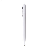 A white plastic pen with a sleek design and a clip, featuring a simple logo branding.