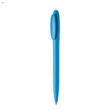 A blue plastic pen with a smooth finish and a rounded clip, featuring a logo on its body.