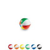 A beach ball in various colours including green, red, blue, yellow, and orange, with a white section and a logo.