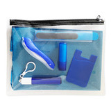 A transparent pouch containing various blue personal care items, including a drink bottle and other accessories.