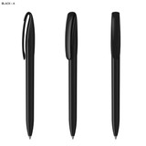 A black plastic pen displayed from multiple angles, featuring a sleek design and a clip.