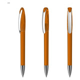 An orange plastic pen with a glossy finish and silver accents, featuring a clip on one side.