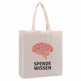 A natural-coloured tote bag with a gusset, featuring a logo and text in red and black.