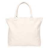 A cream tote bag with sturdy handles and no gusset design, featuring a logo.