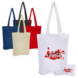A collection of foldable tote bags in black, blue, red, cream, and white, each featuring a logo.