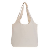 A beige tote bag with long handles and a simple design. It has a logo on one side.