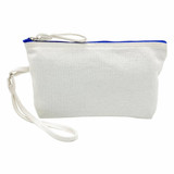 A white canvas cosmetic bag with a blue zipper and wrist strap. The bag is simple and versatile in design.