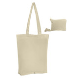 A beige foldable calico tote bag with long handles, accompanied by a small, compact storage pouch.