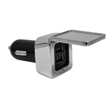 A dual square metal car charger with a shiny chrome finish and two USB ports, featuring a protective flap.