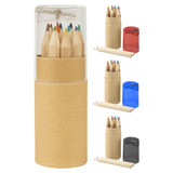 A tube containing coloured pencils in various shades, with a sharpener and available in multiple casing colours.