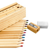 A set of coloured pencils in various shades, with a wooden ruler, sharpener, and eraser. The set has a logo.