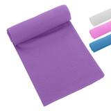 A purple cooling towel with a textured surface, alongside options in white, pink, and blue. The product has a logo.
