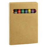 A crayon set in a kraft box displaying eight vibrant colours through a cut-out window. Contains a logo.