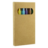A pack of six twist crayons in various colours, presented in a cardboard box with a window for visibility.