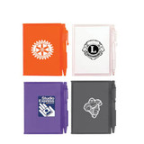 A memo holder with ball pen in orange, white, purple, and grey, featuring various logos on the covers.