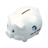 A white pig-shaped coin bank with a slot on top and a logo on the side.