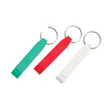 A drink bottle opener featuring three keyring designs in green, red, and white, each with a silver keyring attachment.