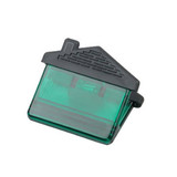 A house-shaped clip in green with a black accent and a built-in magnet for holding papers.