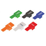 A collection of mobile holders in green, black, blue, orange, red, and white, featuring a logo on each.