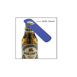 A blue bottle opener rests on the top of a beer bottle, featuring a logo on the bottle.