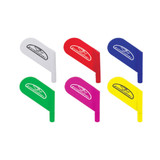 A collection of six plastic pens in white, red, green, blue, yellow, and pink, each featuring a logo.