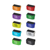 A set of colourful webcam covers in orange, purple, green, blue, and white, featuring a logo on each.