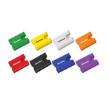 A collection of RFID car holders in green, red, black, yellow, orange, purple, and blue, featuring a logo.