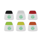 A set of six cable tidies in white, featuring various mesh top colours: black, red, green, and orange, with a logo.