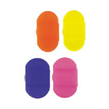 A set of four pill boxes in orange, yellow, purple, and pink with a simple design and a logo on the front.