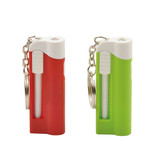 A red and a green ball pen with LED light feature, both attached to keychains. Each has a white top and a logo.