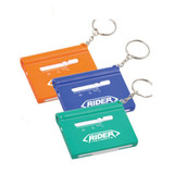 Three keyring tools in orange, blue, and green, each featuring a measurement scale and a branding logo.