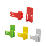 A variety of Handy Hooks in red, green, yellow, and white, designed for hanging items. Features a logo.