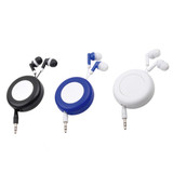 Earbuds in black, blue, and white retractable cases, featuring a round design and an audio jack connection.