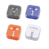 Earbuds in cases, featuring four colours: black, blue, orange, and white. Each case has a logo on it.