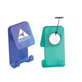 A transparent blue and green magnetic hook with a logo. The hook has a rounded, magnetic back for attachment.