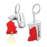 A red and white emergency hammer keyring with a small light and a keychain attachment. Features a branding logo.