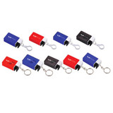 A set of earbuds in cases, featuring red, blue, and black colours, with keychain attachments and branding.