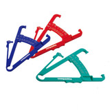 A set of three measuring tools in red, blue, and green, with a branding logo visible on one.