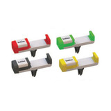 A set of four multi-coloured car mobile holders in red, green, yellow, and black, each with a logo.